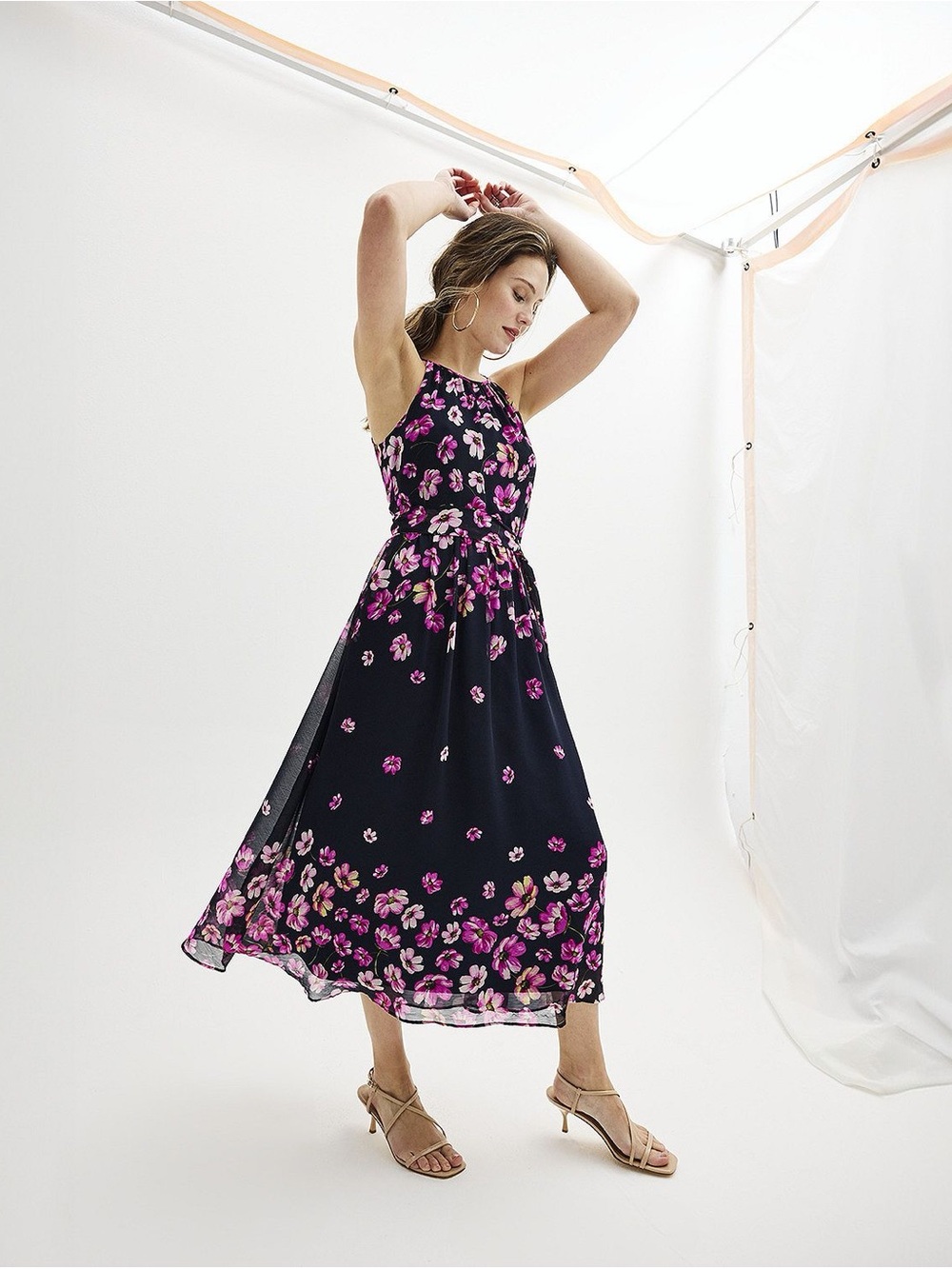 Harper Navy Midi Dress with Pink Floral Print